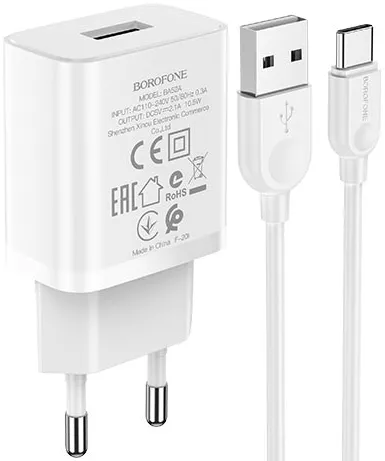 Сетевое зарядное устройство Borofone BA52A Gamble 2.1a home charger + USB-C cable white - фото 1
