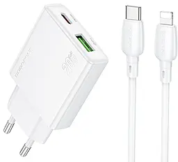 Мережевий зарядний пристрій Borofone BN24 20w PD USB-C/USB-A ports charger + USB-C to Lightning cable white - фото Мережевий зарядний пристрій Borofone BN24 20w PD USB-C/USB-A ports charger + USB-C to Lightning cable white