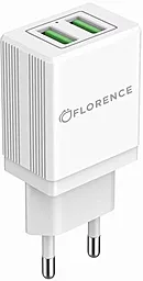 Мережевий зарядний пристрій Florence 2xUSB + кабель Lightning White (FL-1021-WL)