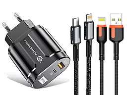 Сетевое зарядное устройство Powermax Duo Home Charger U+C 20W QC3.0/PD + Bravo USB C-Lightning + Alpha Lightning Cables Set Black