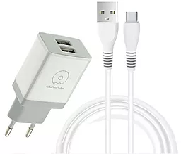 Сетевое зарядное устройство WUW T23 2.1a 2xUSB-A ports charger + USB-C cable white