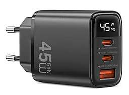 Сетевое зарядное устройство WIWU Wi-G011 GaN 45w PD/QC3.0 2xUSB-C/USB-A fast charger Black - фото Сетевое зарядное устройство WIWU Wi-G011 GaN 45w PD/QC3.0 2xUSB-C/USB-A fast charger Black