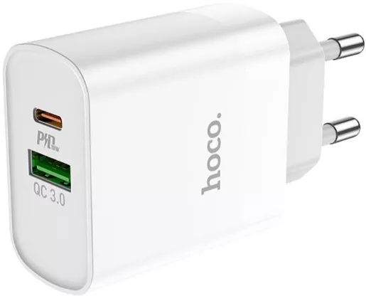 Сетевое зарядное устройство с поддержкой быстрой зарядки Hoco C80A USB + USB Type-C Port PD 3.1A White - фото 1