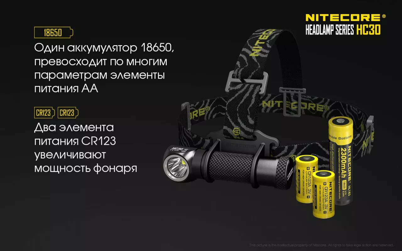Налобний ліхтарик Nitecore HC30w (Cree XM-L2 U2) (1x18650, 2xCR123) теплий білий - фото 15