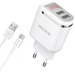 Мережевий зарядний пристрій Jellico WJ-C80 LED 2.4a 2xUSB-A ports charger + USB-C cable white - фото Мережевий зарядний пристрій Jellico WJ-C80 LED 2.4a 2xUSB-A ports charger + USB-C cable white