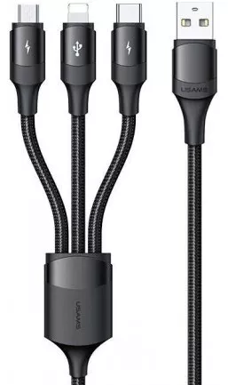 Универсальный кабель Usams U73 3-in-1 USB-A to Type-C/Lightning/micro USB 15w 3a 1.2м сable Black - фото 1