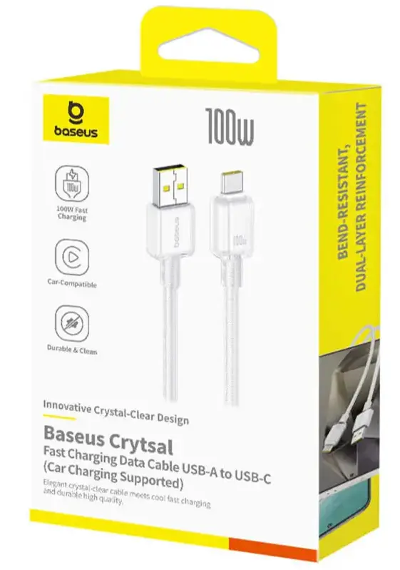 Кабель Baseus Crystal USB-A - Type-C 100w 5a 2м cable Moon White (E04279) - фото 3