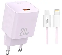 Мережевий зарядний пристрій XO L146 20w PD USB-C fast charger + USB-C to Lightning cable purple - фото Мережевий зарядний пристрій XO L146 20w PD USB-C fast charger + USB-C to Lightning cable purple