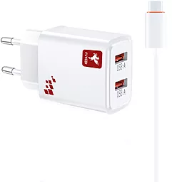 Сетевое зарядное устройство FLYCDI FA-012 2.4a 2xUSB-A ports home charger + USB-C cable white - фото Сетевое зарядное устройство FLYCDI FA-012 2.4a 2xUSB-A ports home charger + USB-C cable white