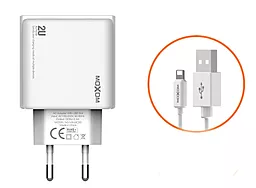 Сетевое зарядное устройство Moxom MX-HC20 2.4a 2xUSB-A ports charger + Lightning cable white - фото Сетевое зарядное устройство Moxom MX-HC20 2.4a 2xUSB-A ports charger + Lightning cable white