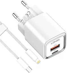 Мережевий зарядний пристрій LDNio A2318C 20W QC/PD USB-A-C + USB-C-Lightning cable White