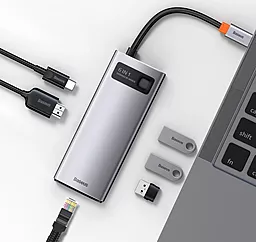 Мультипортовий USB Type-C концентратор (хаб) Baseus Metal Gleam Series 6-in-1 Multifunctional Type-C Hub 100W Grey (CAHUB-CW0G) - мініатюра 3