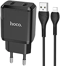 Сетевое зарядное устройство Hoco N7 2.1a 2xUSB-A ports charger + Lightning cable black - фото Сетевое зарядное устройство Hoco N7 2.1a 2xUSB-A ports charger + Lightning cable black