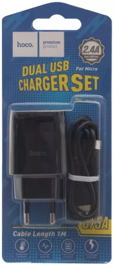 Сетевое зарядное устройство Hoco C73A 2.4a 2xUSB-A ports charger + micro USB cable black - фото 4