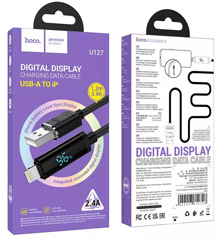 Кабель Hoco U127 USB-A - Lightning 12w 2.4a 1.2м cable Black - фото 6