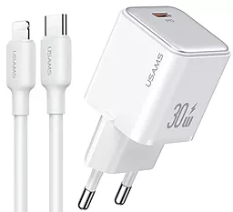 Мережевий зарядний пристрій Usams US-CC186 30w PD USB-C home charger + Type-C to Lightning cable white - фото Мережевий зарядний пристрій Usams US-CC186 30w PD USB-C home charger + Type-C to Lightning cable white