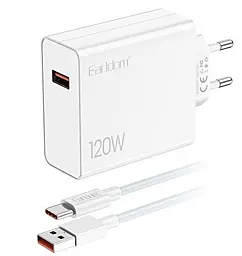 Сетевое зарядное устройство Earldom ES-EU48 120w PD USB-A fast charger + USB-C cable white - фото Сетевое зарядное устройство Earldom ES-EU48 120w PD USB-A fast charger + USB-C cable white