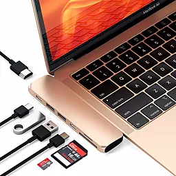 Мультипортовый USB Type-C хаб Satechi USB-C -> USB 3.0x2/HDMI/Card Reader Gold (ST-CMBPG) - миниатюра 5