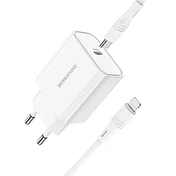 Мережевий зарядний пристрій Borofone BA57A Easy Speed 20w PD USB-C home charger + USB-C to Lightning white - фото Мережевий зарядний пристрій Borofone BA57A Easy Speed 20w PD USB-C home charger + USB-C to Lightning white