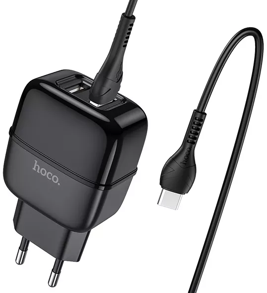 Сетевое зарядное устройство Hoco C77A 2.4a 2xUSB-A ports charger + USB-C cable black - фото 2
