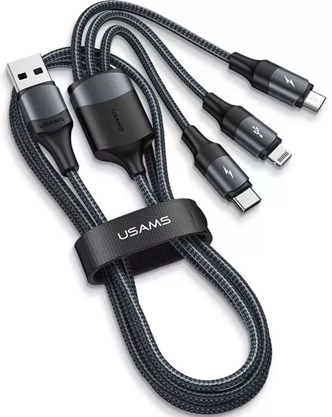 Универсальный кабель Usams U73 3-in-1 USB-A to Type-C/Lightning/micro USB 15w 3a 1.2м сable Black - фото 2