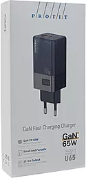 Мережевий зарядний пристрій PROFIT U65 65w GaN PD/QC3.0 2USB-C/USB-A ports home charger black