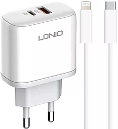 Мережевий зарядний пристрій LDNio A2526C 45W PD/QC + USB - A - C + USB - C - Lightning cable White