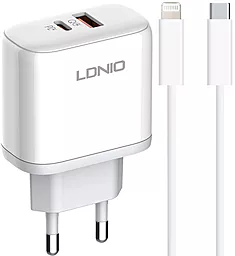 Сетевое зарядное устройство LDNio A2526C 45w PD USB-C/USB-A ports charger + USB-C to Lightning cable white - фото Сетевое зарядное устройство LDNio A2526C 45w PD USB-C/USB-A ports charger + USB-C to Lightning cable white