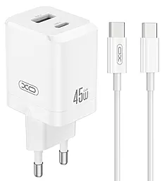 Мережевий зарядний пристрій XO CE36 GaN 45w PD/QC3.0 USB-C/USB-A fast charger + USB-C to USB-C cable White - фото Мережевий зарядний пристрій XO CE36 GaN 45w PD/QC3.0 USB-C/USB-A fast charger + USB-C to USB-C cable White