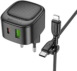 Сетевое зарядное устройство Borofone BAS22A Fortune 20w PD USB-C/USB-А ports charger + USB-C to Lightning cable black - фото Сетевое зарядное устройство Borofone BAS22A Fortune 20w PD USB-C/USB-А ports charger + USB-C to Lightning cable black