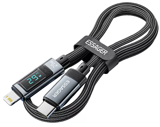 Кабель Essager Digital Display USB Type-C - Lightning 29w 3a 1м PD сable Black - фото 2
