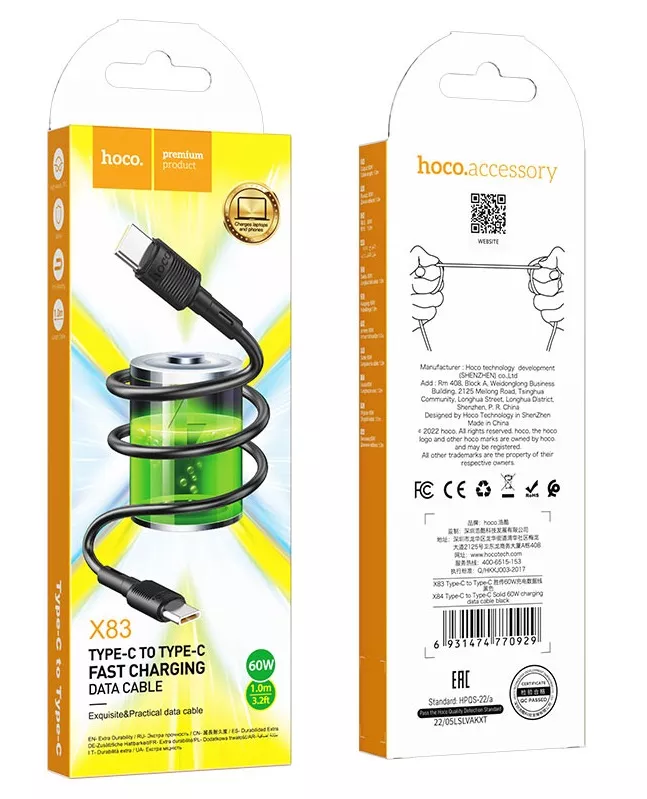 Кабель Hoco X83 Victory USB Type-C - Type-C 60w 3a 1м PD cable Black - фото 5