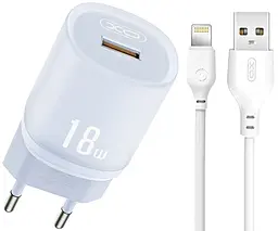 Мережевий зарядний пристрій XO 157 18w QC3.0 USB-A home charger + Lightning cable blue - фото Мережевий зарядний пристрій XO 157 18w QC3.0 USB-A home charger + Lightning cable blue