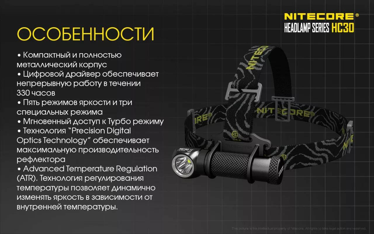 Налобний ліхтарик Nitecore HC30w (Cree XM-L2 U2) (1x18650, 2xCR123) теплий білий - фото 20
