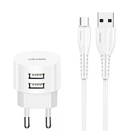 Сетевое зарядное устройство Usams T20 2.1a 2xUSB-A ports charger + micro USB cable white (US-CC080) - фото Сетевое зарядное устройство Usams T20 2.1a 2xUSB-A ports charger + micro USB cable white (US-CC080)