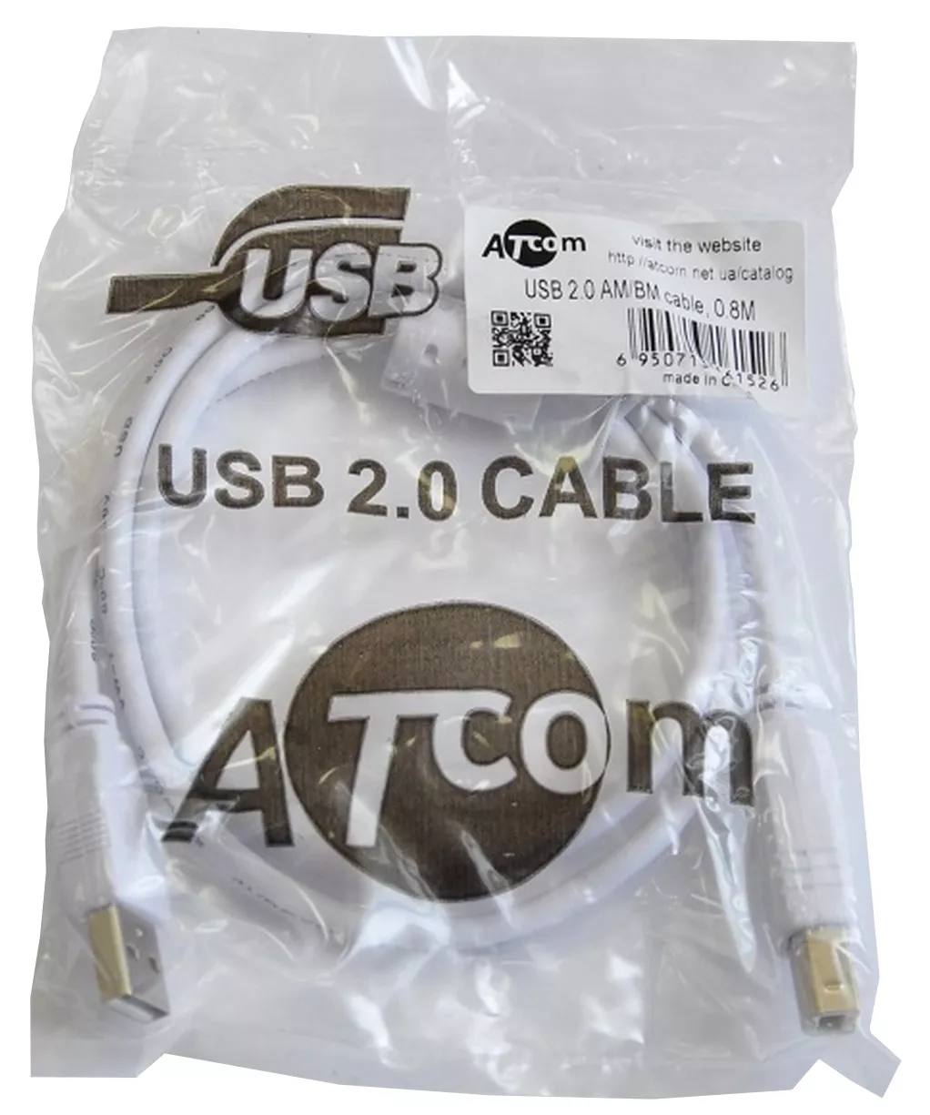 Кабель (шлейф) Atcom USB 2.0 AM/BM 3м Белый - фото 4