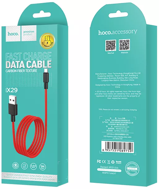 Кабель Hoco X29 Superior Style USB-A - micro USB 10w 1м cable Red - фото 6