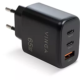 Сетевое зарядное устройство Vinga 65w PD/QC GaN 2xUSB-C/USB-A ports fast charger black (VCPCHCCA65B)
