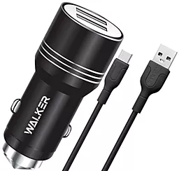 Автомобільний зарядний пристрій Walker WCR-21 2.4a 2xUSB-A ports charger + USB-C cable black