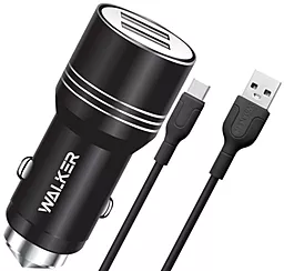 Автомобильное зарядное устройство Walker WCR-21 2.4a 2xUSB-A ports charger + USB-C cable black - фото Автомобильное зарядное устройство Walker WCR-21 2.4a 2xUSB-A ports charger + USB-C cable black