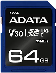 Карта памяти ADATA SDXC 64GB Premier Pro Class10 UHS-I U3 (ASDX64GUI3CL10-R)