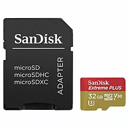 Карта пам'яті SanDisk microSDHC 32GB Exteme Plus Class 10 UHS-I U3 V30 + SD-адаптер (SDSQXWG-032G-GN6MA) - фото Карта пам'яті SanDisk microSDHC 32GB Exteme Plus Class 10 UHS-I U3 V30 + SD-адаптер (SDSQXWG-032G-GN6MA)