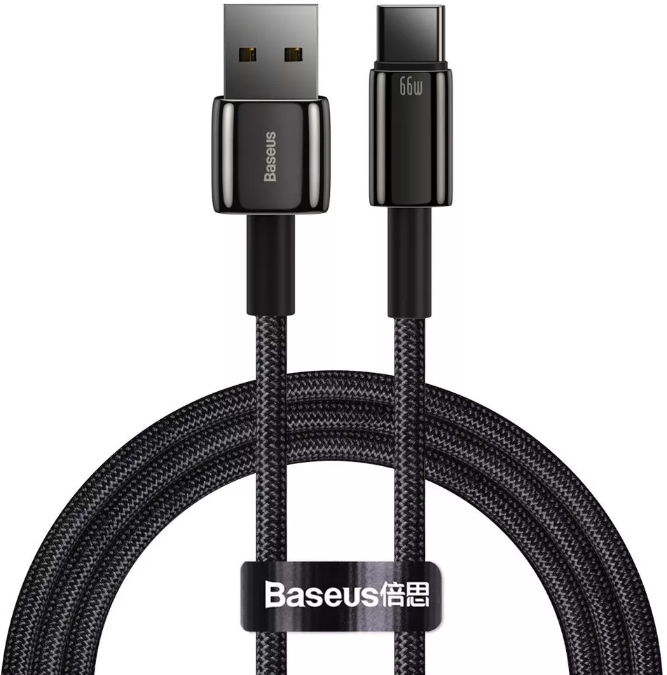 Кабель Baseus Tungsten Gold USB-A - Type-C 66w 6a 1м Huawei SCP cable Black (CATWJ-B01) - фото 1