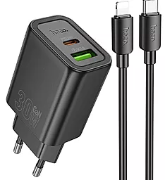 Сетевое зарядное устройство Hoco N63 Gentle 30w PD/QC USB-C/USB-A ports charger + USB-C to Lightning cable black - фото Сетевое зарядное устройство Hoco N63 Gentle 30w PD/QC USB-C/USB-A ports charger + USB-C to Lightning cable black