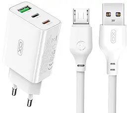 Сетевое зарядное устройство XO XO L101 20w PD 2xUSB-C/USB-A ports charger + micro USB cable white - фото Сетевое зарядное устройство XO XO L101 20w PD 2xUSB-C/USB-A ports charger + micro USB cable white