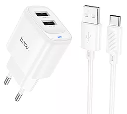 Мережевий зарядний пристрій Hoco C141A 2.1a 2xUSB-A ports charger + USB Type-C cable white - фото Мережевий зарядний пристрій Hoco C141A 2.1a 2xUSB-A ports charger + USB Type-C cable white