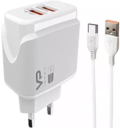 Сетевое зарядное устройство Veron VR-C12C 2.4a 2xUSB-A ports home charger + USB-C cable white - фото Сетевое зарядное устройство Veron VR-C12C 2.4a 2xUSB-A ports home charger + USB-C cable white
