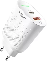 Сетевое зарядное устройство Yoki Led YK-20PD+QC 20W 3A USB-C/USB-A White - фото Сетевое зарядное устройство Yoki Led YK-20PD+QC 20W 3A USB-C/USB-A White