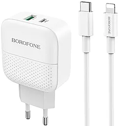 Сетевое зарядное устройство с быстрой зарядкой Borofone BA46A Premium 18w PD USB-C/USB-A ports charger + USB-C to Lightning cable white