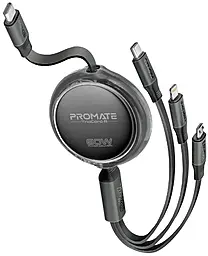 Універсальний кабель Promate 3-in-1 USB-C to Type-C/Lightning/micro USB 60w 3a 1.1м PD сable Black (triocord-r.black)